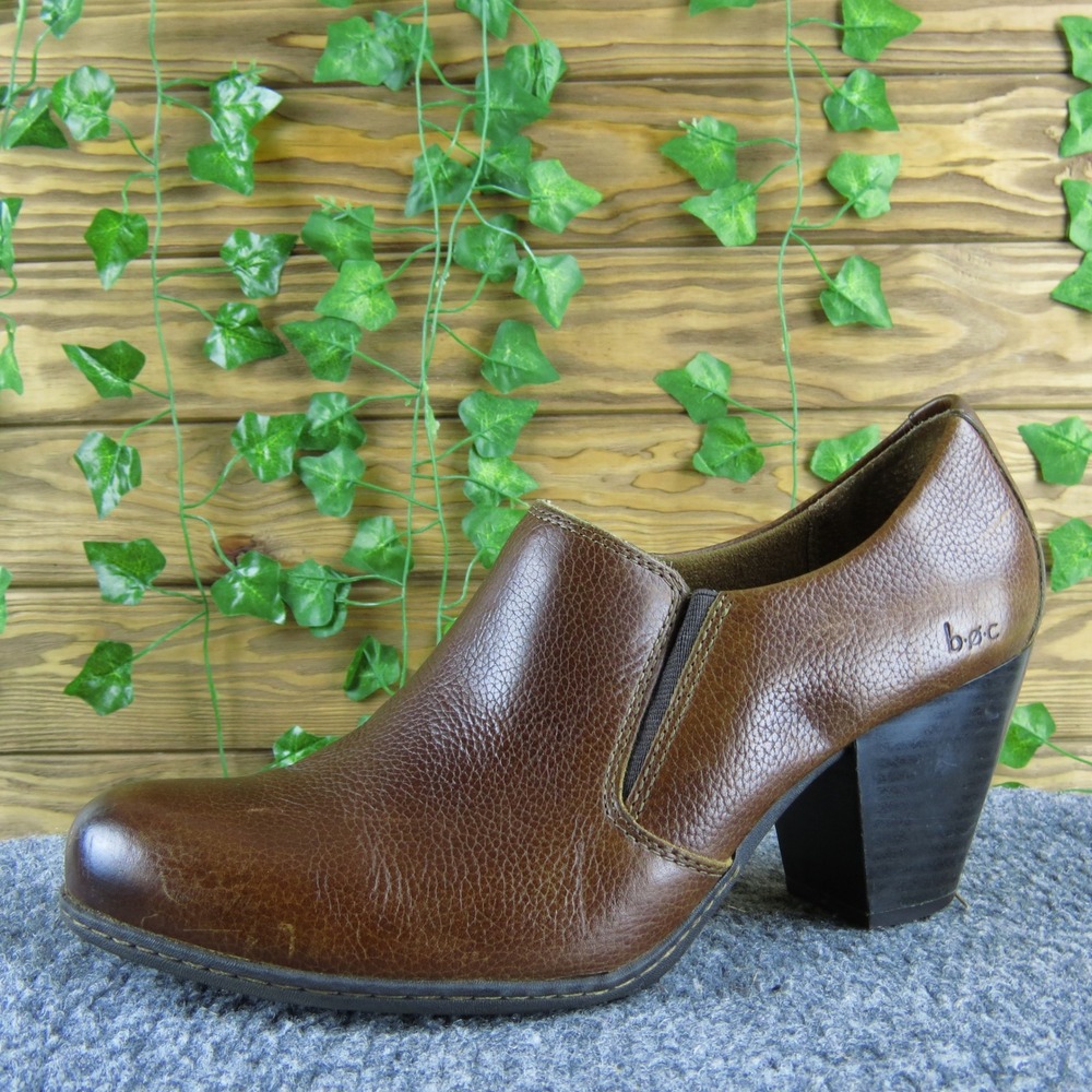 B.O.C Women 9 Brown Leather Slip-On‎ Heeled Booties Comfort Casual Shoes